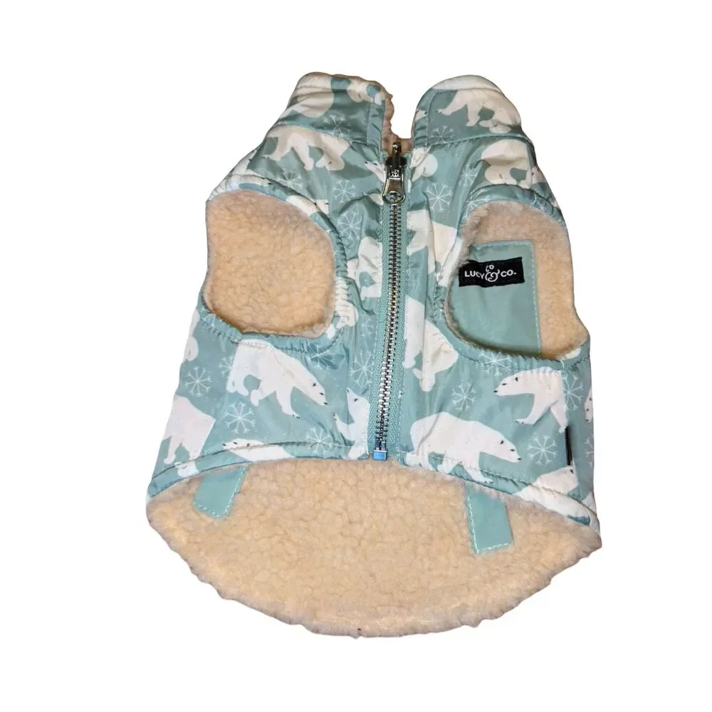 Lucy & Co NWOT Polar Bear Reversible Teddy Sherpa Fleece Dog Vest Jacket Sage Sm